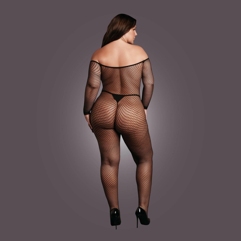 Bodystocking with off shoulder neckline, fishnet structure and open crotch. - 6