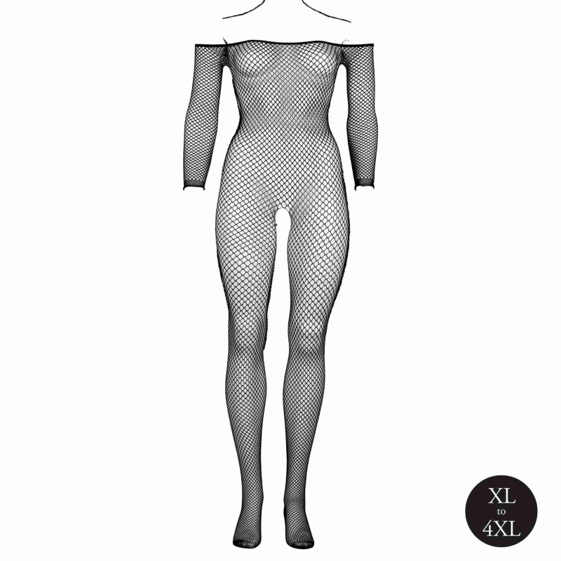 Bodystocking with off shoulder neckline, fishnet structure and open crotch. - 9