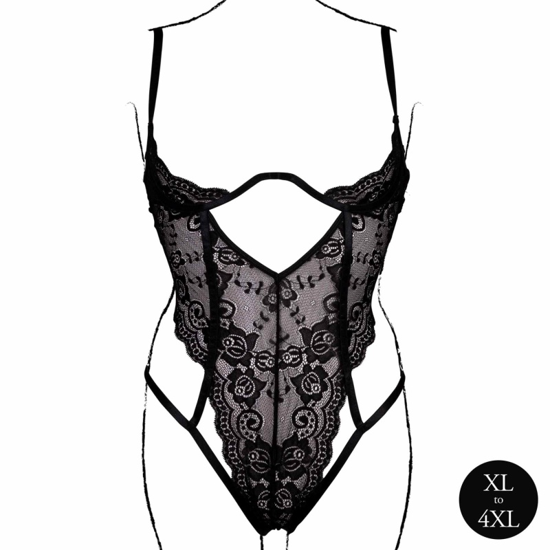 Lace Underwired Open Cup Bodysuit with Adjustable Sliders - Plus Size - Black - 5