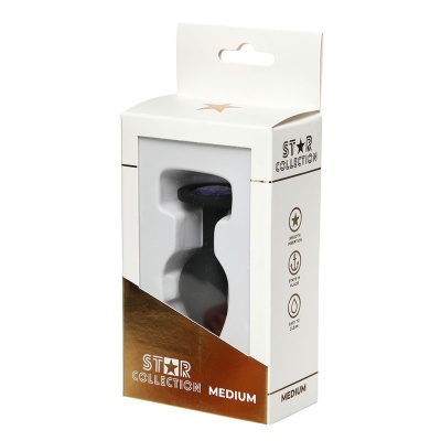 Star Collection - Black Silicone Anal Plug M - Purple Stone - 1