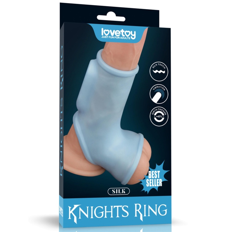 Wibrujący pierścień na penisa z rękawem na mosznę Silk Knights Ring 12,2 cm Niebieski - 1
