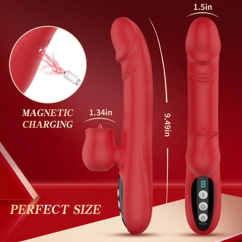 Silicone Vibrator 7 Powerful Modes - Licking, 7 ThrustingHeating, Red - 10