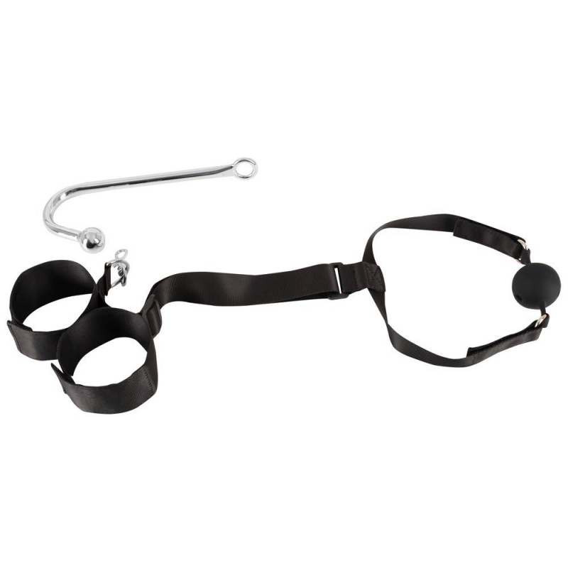 Zestaw Bondage z Hakiem Analnym 24 cm - Regulowany Pas 26-44 cm i Knebel Kulkowy 4,4 cm - 4