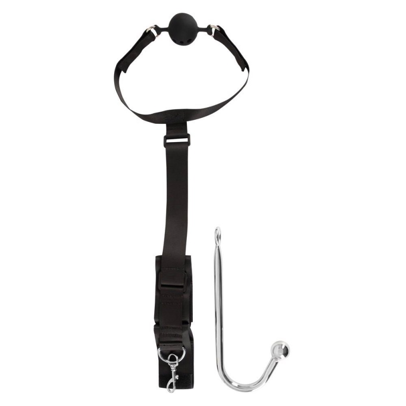 Zestaw Bondage z Hakiem Analnym 24 cm - Regulowany Pas 26-44 cm i Knebel Kulkowy 4,4 cm - 5