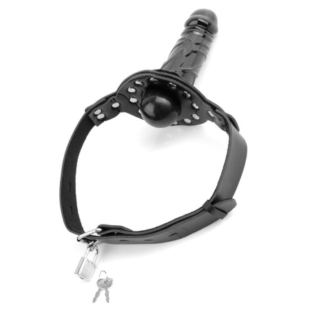 Knebel kulkowy z dildo FFS Deluxe Ball Gag – regulowane paski z klamrą, zamek z kluczem, dildo 17,5 cm (13 cm części wkładanej) - 3