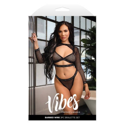 BARBED WIRE FISHNET BRALETTE, LONG SLEEVE SHRUG & PANTY, M/L - 1