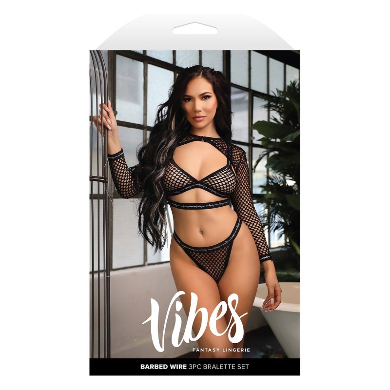 BARBED WIRE FISHNET BRALETTE, LONG SLEEVE SHRUG & PANTY, M/L - 1