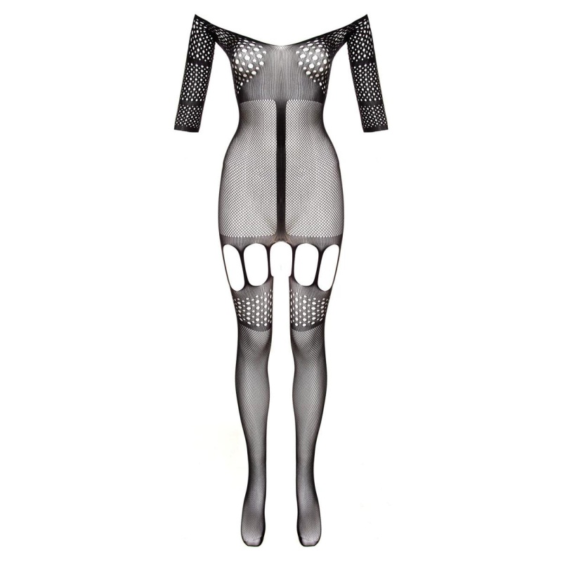 Bodystocking Christine Rosa - czarna elastyczna siatka z długim rękawem, paskami do podwiązek i otwartym krokiem (rozmiary XS-XL - 6