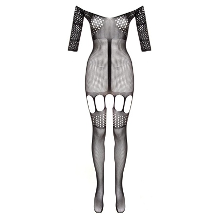Bodystocking Christine Rosa - czarna elastyczna siatka z długim rękawem, paskami do podwiązek i otwartym krokiem (rozmiary XS-XL - 6