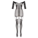 Bodystocking Christine Rosa - czarna elastyczna siatka z długim rękawem, paskami do podwiązek i otwartym krokiem (rozmiary XS-XL - 6