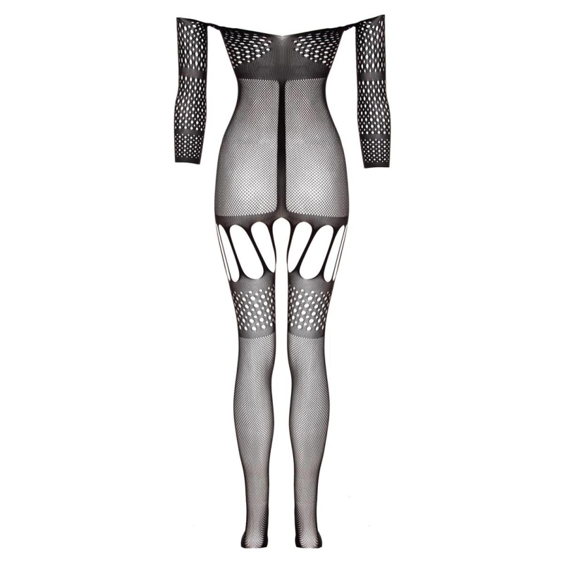 Bodystocking Christine Rosa - czarna elastyczna siatka z długim rękawem, paskami do podwiązek i otwartym krokiem (rozmiary XS-XL - 7