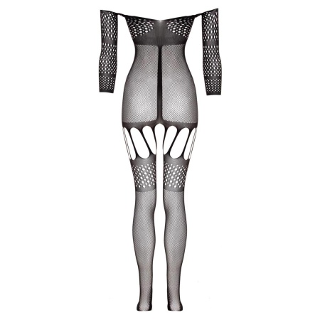Bodystocking Christine Rosa - czarna elastyczna siatka z długim rękawem, paskami do podwiązek i otwartym krokiem (rozmiary XS-XL - 7
