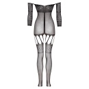 Bodystocking Christine Rosa - czarna elastyczna siatka z długim rękawem, paskami do podwiązek i otwartym krokiem (rozmiary XS-XL - 7