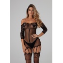 Bodystocking Christine Rosa - czarna elastyczna siatka z długim rękawem, paskami do podwiązek i otwartym krokiem (rozmiary XS-XL - 9