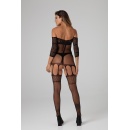 Bodystocking Christine Rosa - czarna elastyczna siatka z długim rękawem, paskami do podwiązek i otwartym krokiem (rozmiary XS-XL - 10
