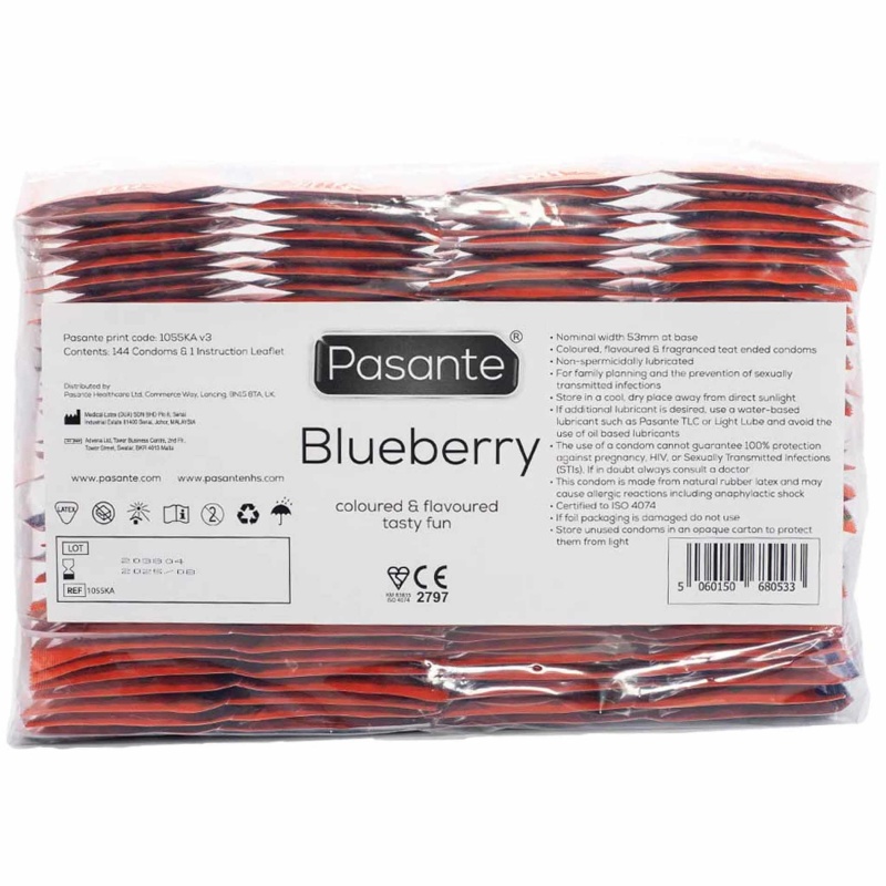 Prezerwatywy Pasante Blueberry Blast 144 sztuki – Smak jagodowy, lateks, szerokość 53 mm - 1