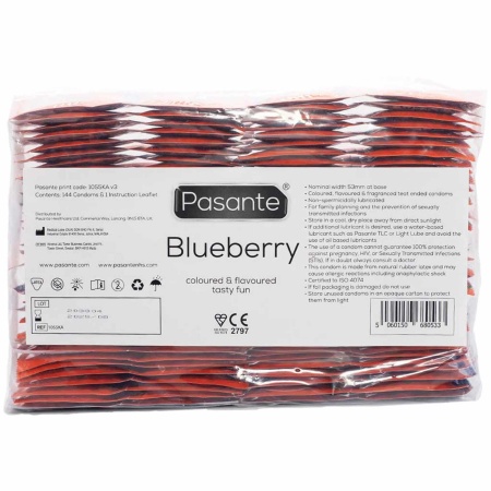 Prezerwatywy Pasante Blueberry Blast 144 sztuki – Smak jagodowy, lateks, szerokość 53 mm - 1