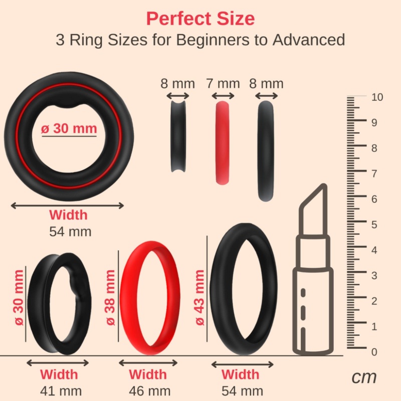 Pierścienie erekcyjne Nappex™ Fuego - zestaw 3 szt. z medycznego silikonu, średnica wewn. 30/38/43 mm - 9