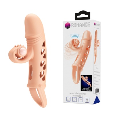 ROMANCE - Penis sleeve,  TPE material,vibration, battery LR41*3, Flesh - 1