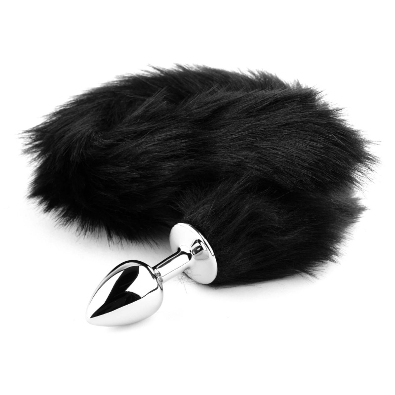 Plug analny z ogonem lisa Plug-Fox TAIL Black XL - stal nierdzewna, długość wprowadzana 6,5 cm, średnica pluga 2,7 cm - 3