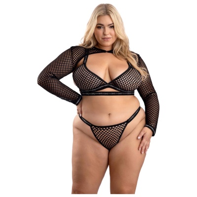 BARBED WIRE FISHNET BRALETTE, LONG SLEEVE SHRUG & PANTY, Q/S - 1 2