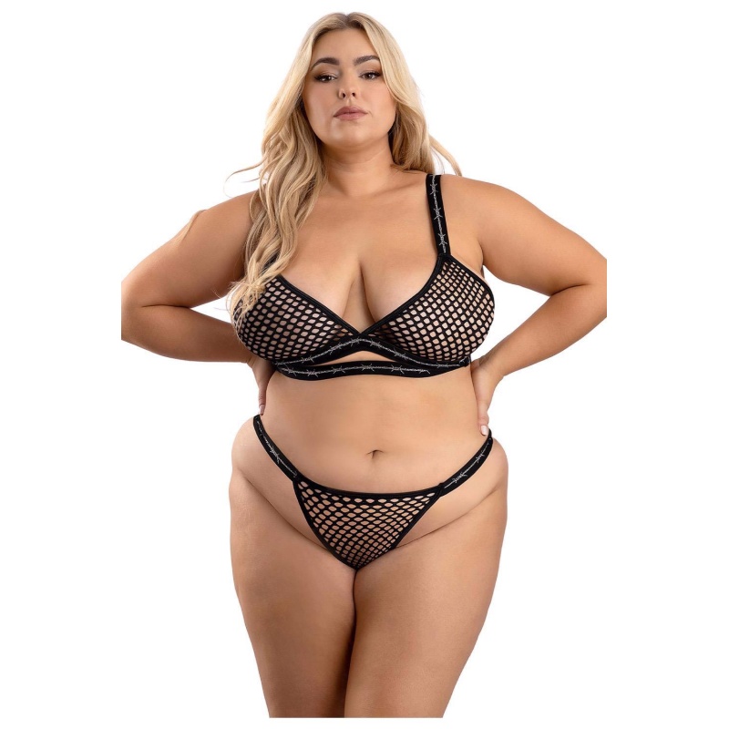BARBED WIRE FISHNET BRALETTE, LONG SLEEVE SHRUG & PANTY, Q/S - 3