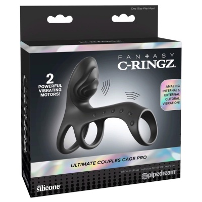Nakładka na penisa Ultimate Couples Cage Pro Black – silikon, 2 silniki, pierścienie 3,3/3,8 cm, 19,5 cm - 1