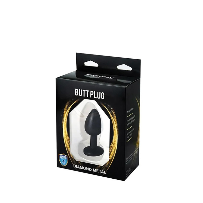 Czarny korek analny Fantasy (butt plug) z białym diamentem - metal wolny od niklu, długość 7 cm, szerokość 2,8 cm - 3