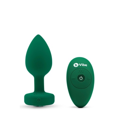 Korek analny Vibrating Jewel Plug M/L Emerald Green - silikon medyczny, 6 poziomów i 15 wzorców wibracji, długość wprowadzalna 8 - 1 2
