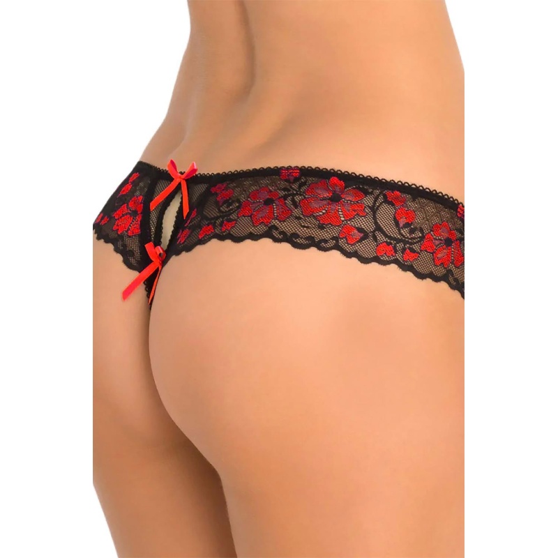 CROTCHLESS LACE THONG WITH BOWS RED, M/L - 3