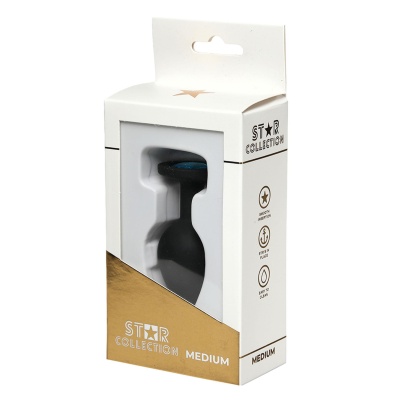 Star Collection - Black Silicone Anal Plug M - Light Blue Stone - 1