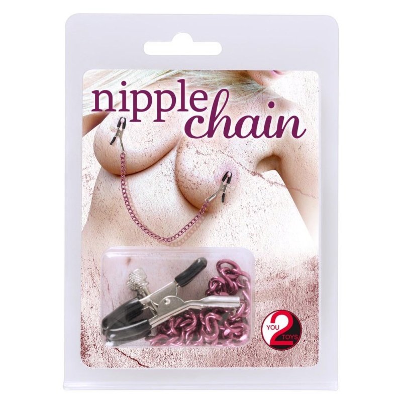 Klamry na brodawki ORION Nipple Chain Purple – regulacja nacisku śrubą, klamra 5,2 cm, łańcuszek 30 cm - 1