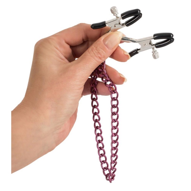 Klamry na brodawki ORION Nipple Chain Purple – regulacja nacisku śrubą, klamra 5,2 cm, łańcuszek 30 cm - 3