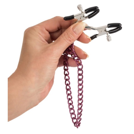 Klamry na brodawki ORION Nipple Chain Purple – regulacja nacisku śrubą, klamra 5,2 cm, łańcuszek 30 cm - 3