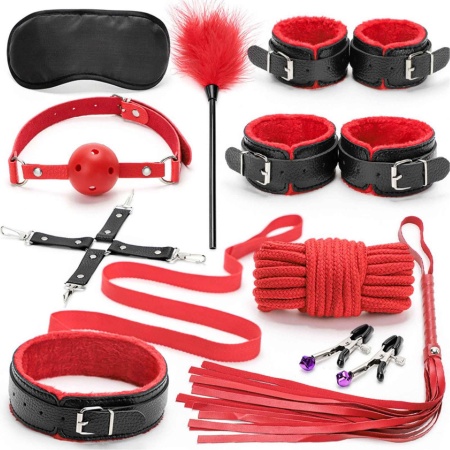 Fetish Fever - Bondage Set - 10 pieces - Red/Black - 1