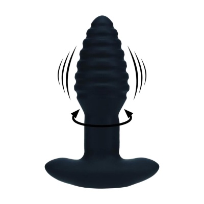 Vibrating and Rotating Ribbed Silicone Anal Plug - Black - 1