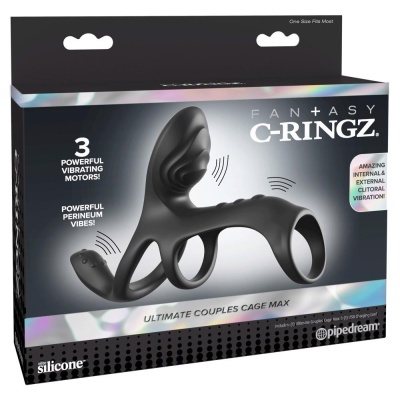 Wibrujący pierścień erekcyjny z rękawem Ultimate Couples Cage Max Black – 3 silniki, silikon medyczny, długość 19,5 cm - 1