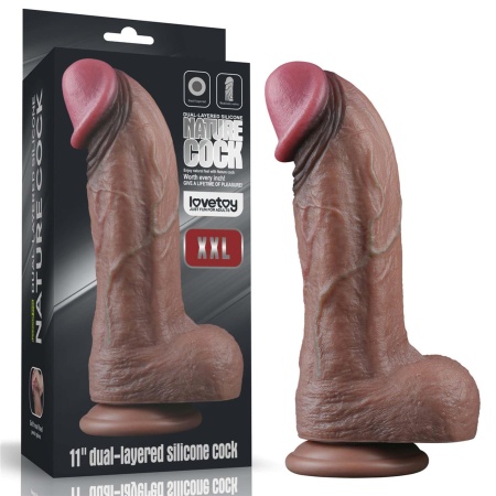 Dildo silikonowe dwuwarstwowe XXL 28 cm - ciemny brąz - 1