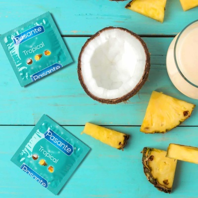 Prezerwatywy Tropical Flavours 144 szt. – Smakowe mango, ananas, kokos, lateks, 190 mm - 1 2