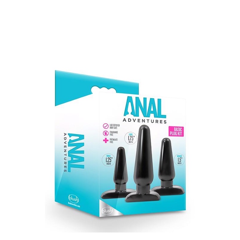 Zestaw wtyczek analnych Basic Plug Kit Black - trzy zwężane wtyczki z podstawami bezpieczeństwa, 10,1-16,5 cm - 1