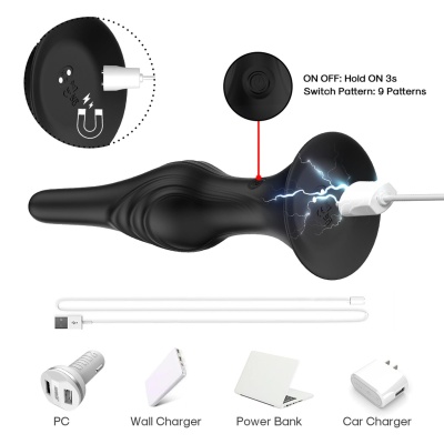Stymulator analny Rocket Black - 9 trybów wibracji, wodoodporny silikon z przyssawką - 1