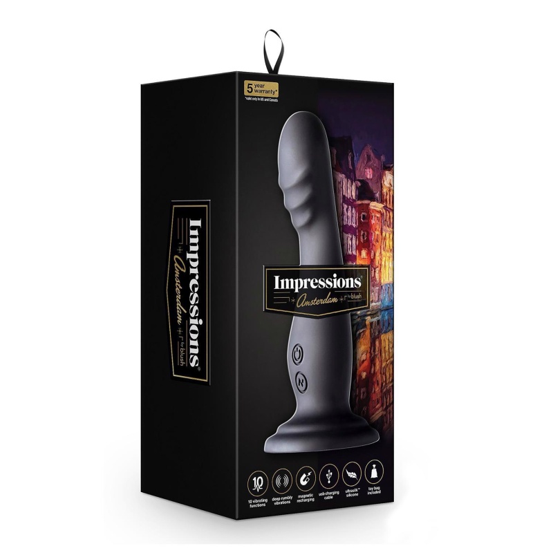 Wibrator Impressions Amsterdam Black - zakrzywiony stymulator silikonowy z przyssawką i rozszerzaną podstawą, 17,1 cm - 1