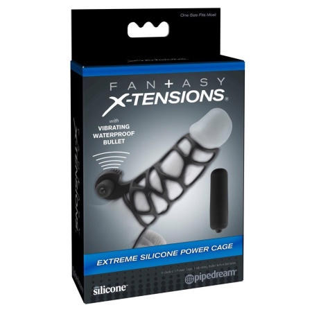 Mankiet penisa FX Extreme Silicone Power Cage — silikonowy, z wibrobulletem i pierścieniem jąder, dł. 12 cm - 1