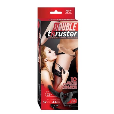 Strap-on Double Thruster Vibe z uprzężą - dwustronny wibrator silikonowy z regulowanym pasem PU i 10 rytmami - 1