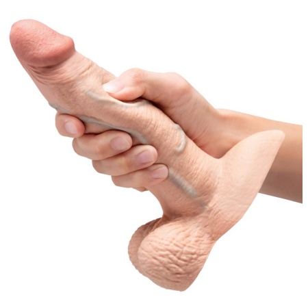Dildo Slipskin Girthy - realistyczne jądra, zakrzywiony kształt, 17,8 cm, kompatybilne z uprzężą - 7
