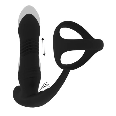 Vibrating and Thrusting Silicone Prostate Massager with Tri O Cockring - Black - 1