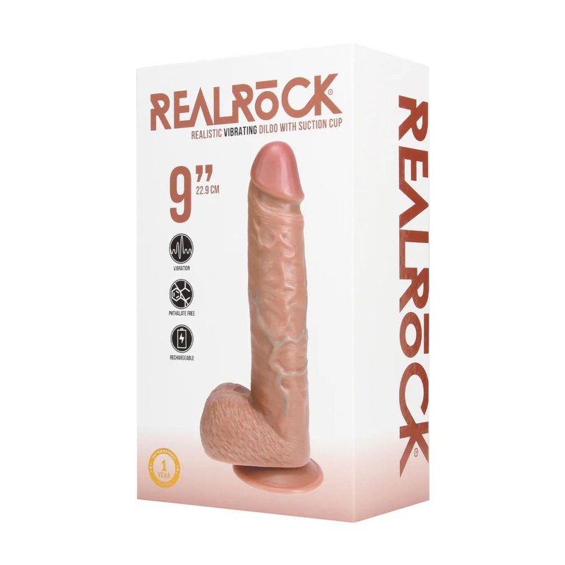 Wibrujący dildo RealRock z jądrami i przyssawką, prosty trzon, 23 cm, Tan - 2