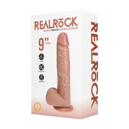 Wibrujący dildo RealRock z jądrami i przyssawką, prosty trzon, 23 cm, Tan - 2