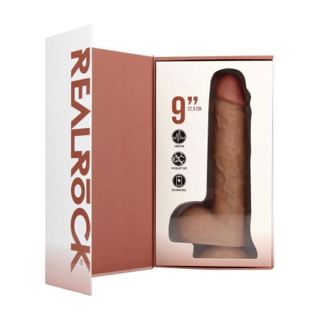 Wibrujący dildo RealRock z jądrami i przyssawką, prosty trzon, 23 cm, Tan - 4