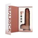 Wibrujący dildo RealRock z jądrami i przyssawką, prosty trzon, 23 cm, Tan - 4